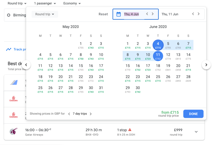 Google Flights Calendar